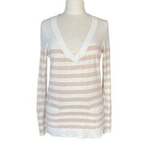 Victorias Secret Striped Fitted Cashmere Blend Sweater Tan Ivory Pockets Y2K-L